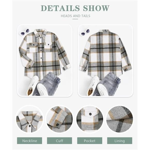 Women's Flannel Plaid Shacket Long Sleeve Button Down Shirts Jacket Coats‎ - Picture 4 of 6